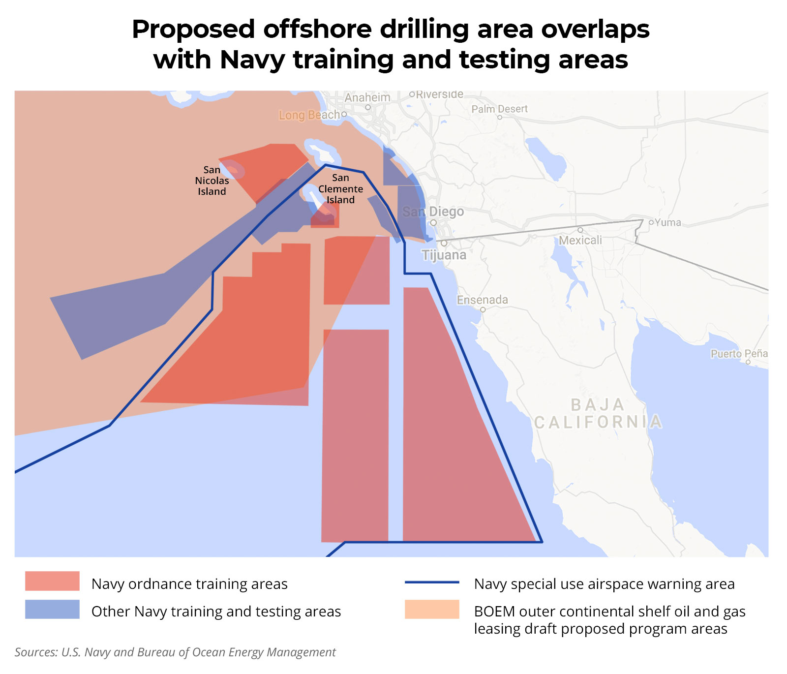 Map of proposed offshore drilling area overlaid on Navy training and testing areas