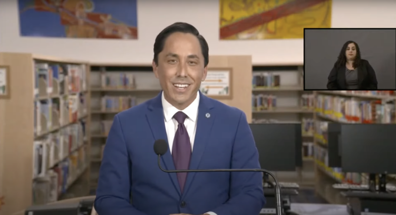 San Diego Mayor Todd Gloria delivers the State of the City Address from the San Ysidro Library on Jan. 13, 2021.