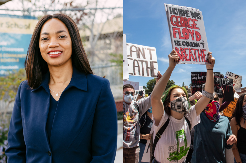 Assemblywoman Akilah Weber and a crowd of protesters in La Mesa demanding justice for the killing of George Floyd.