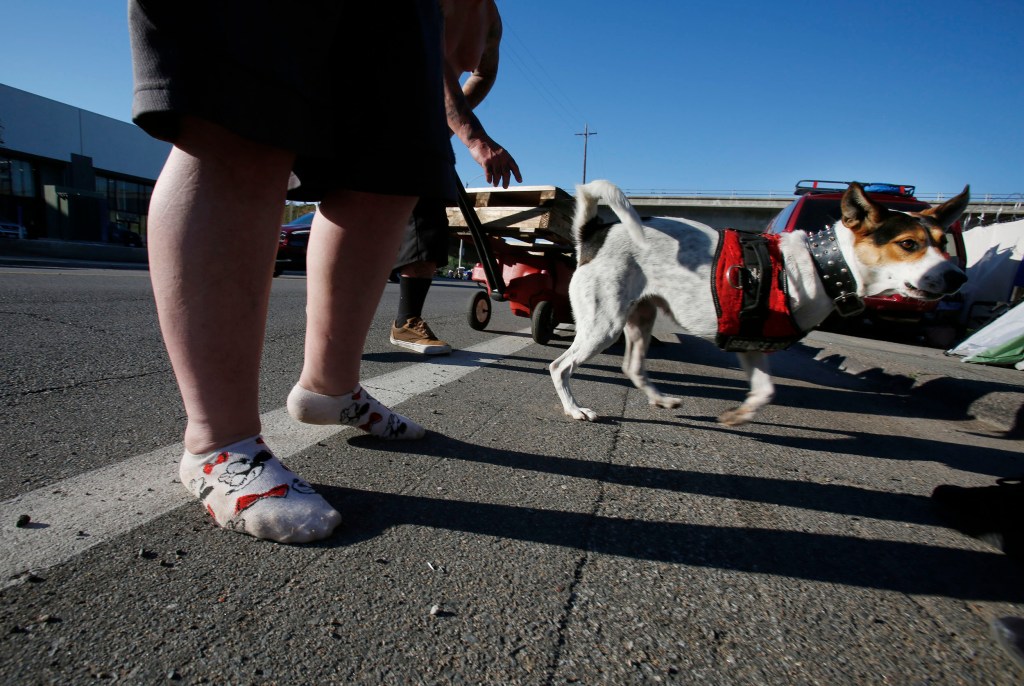 Cara Reeder, 32, a third generation East County native, stands in her socks along the Magnolia encampment