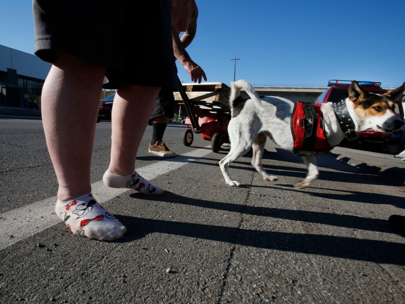 Cara Reeder, 32, a third generation East County native, stands in her socks along the Magnolia encampment