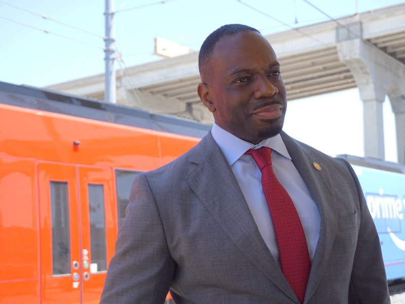 Toks Omishakin, California State Transportation Agency’s secretary, at a trolley stop in Barrio Logan on Wednesday, Aug. 17, 2022. / Photo by Andrea Lopez-Villafana