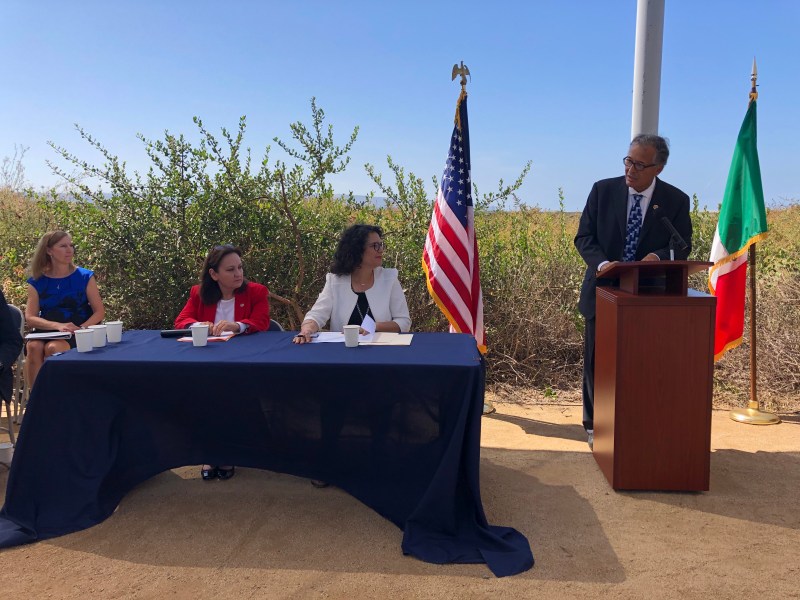 Rep. Juan Vargas speaks at Minute 328 signing with IBWC Commissioner Maria-Elena Giner and CILA Commissioner Adriana Reséndez Maldonado and Sally Spener, foreign affairs officer for IBWC on August 18, 2022. / MacKenzie Elmer
