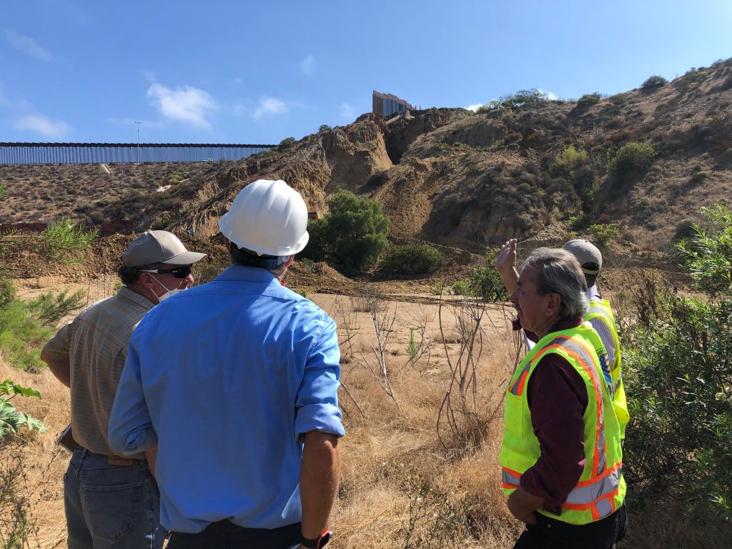 Morgan Rogers of IBWC, Doug Liden of EPA, Sam Katzenstein of IBWC and Juan Javier Colin of CILA discuss broken sewage pipelines on Aug. 2, 2022. / MacKenzie Elmer