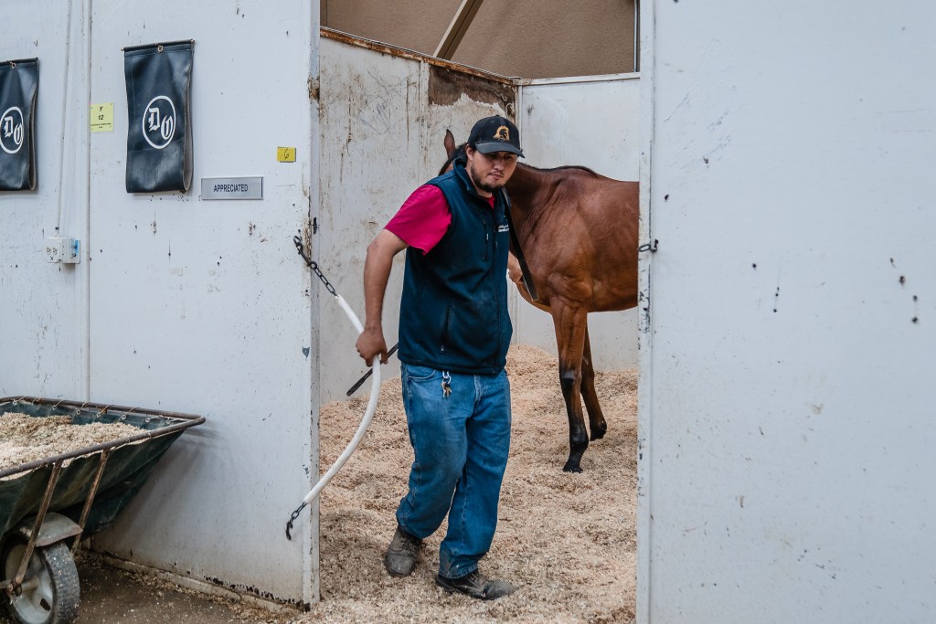 Groomer Andres Mora with horse Appreciated at the Del Mar Fairgrounds on July 29, 2022.