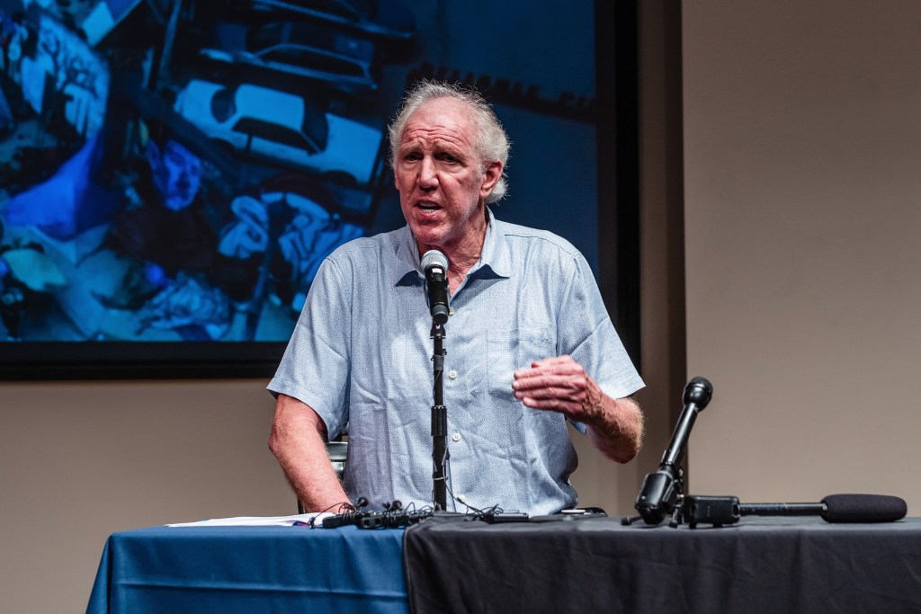 Former NBA star Bill Walton speaks at a press conference at the University of San Diego Institute for Peace and Justice Theatre at the Joan B. Kroc Institute for Peace Studies on Sept. 27, 2022.