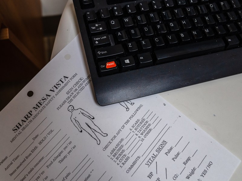 A safety assessment form in a medical examination room at Sharp Mesa Vista