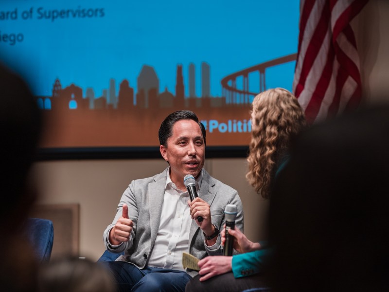 Mayor Todd Gloria and Chair of the San Diego County Board of Supervisors Nathan Fletcher discuss homelessness at a Politifest panel, moderated by Voice of San Diego reporter Lisa Halverstadt on October 8, 2022.