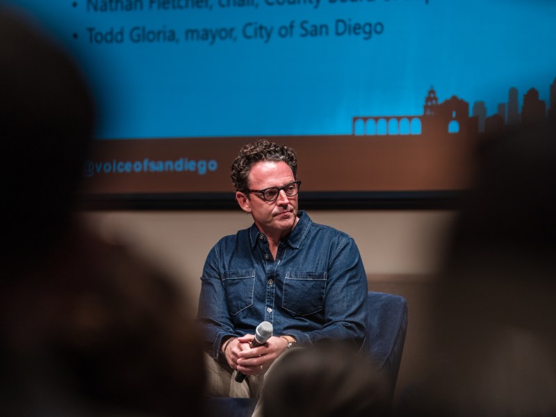 County Board of Supervisors Nathan Fletcher discusses homelessness at a Politifest panel with Mayor Todd Gloria on October 8, 2022.
