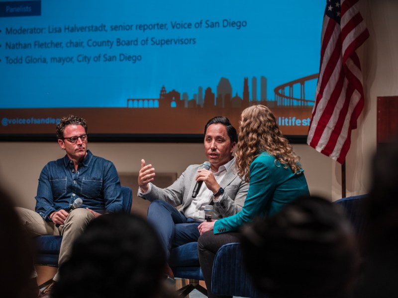 Mayor Todd Gloria and Chair of the San Diego County Board of Supervisors Nathan Fletcher discuss homelessness at a Politifest panel, moderated by Voice of San Diego reporter Lisa Halverstadt on October 8, 2022.