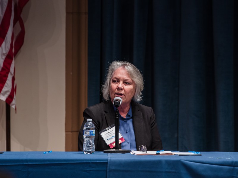 Candidate for sheriff Kelly Martinez speaks on a panel at Politifest at University of San Diego on October 8, 2022.