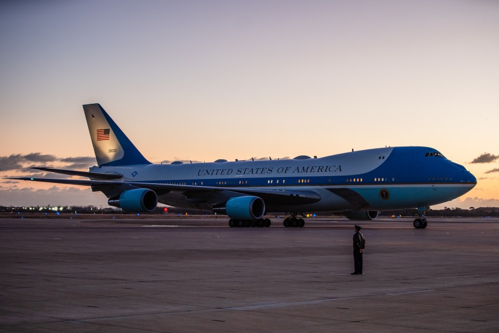 President Biden arrives aboard Air Force One at the Marine Corps Air Station Miramar to attend the get-out-the-vote event for Rep. Mike Levin in Oceanside on Nov. 3, 2022.