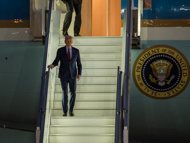 President Biden arrives at Marine Corps Air Station Miramar to attend a get-out-the-vote event for Rep. Mike Levin in Oceanside on Nov. 3, 2022.