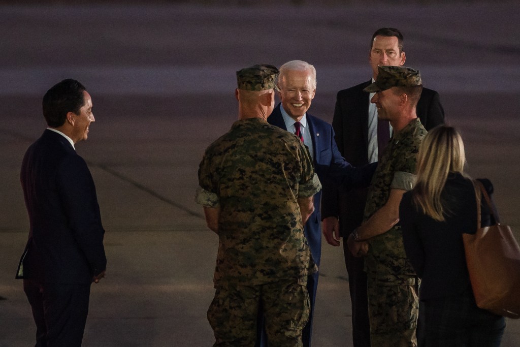 President Biden arrives at Marine Corps Air Station Miramar to attend a get-out-the-vote event for Rep. Mike Levin in Oceanside on Nov. 3, 2022.