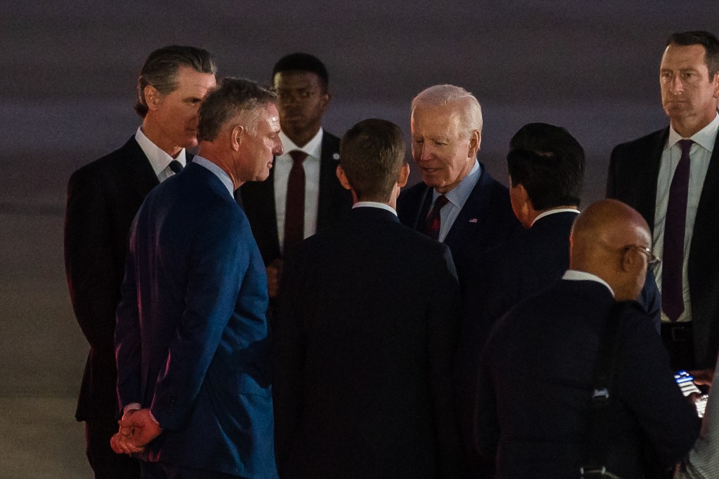 President Biden arrives at Marine Corps Air Station Miramar to attend a get-out-the-vote event for Rep. Mike Levin in Oceanside on Nov. 3, 2022.