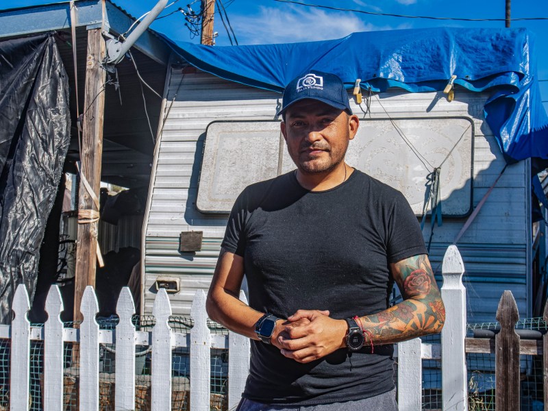 Jose Raya, a resident of Keystone Trailer Park, lives in his home with his family of five on Nov. 22, 2022. He said that he is glad National City is implementing protections for mobile home tenants. Photo by Gabriel Schneider