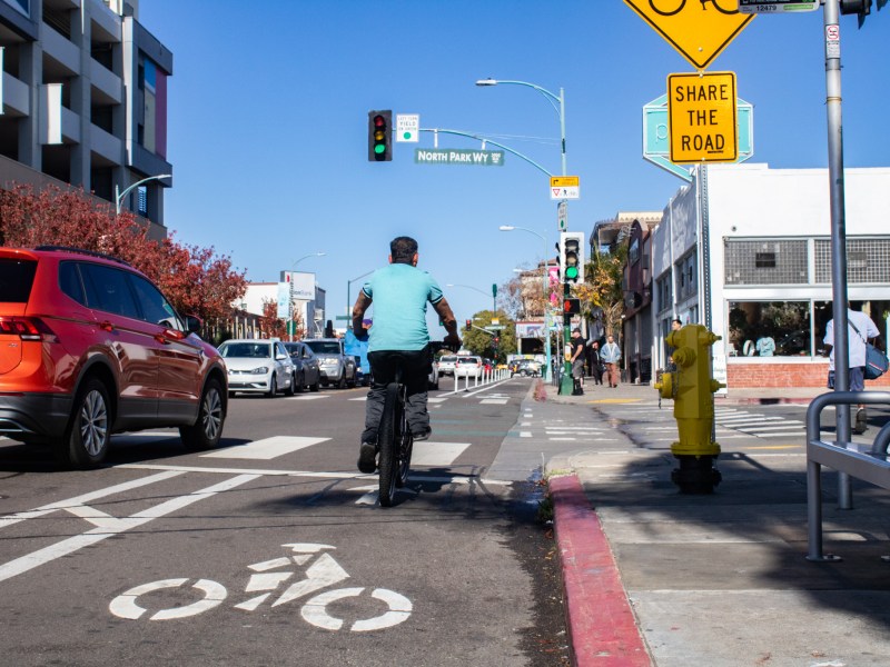 A bicyclist in North Park on Dec. 20, 2022.