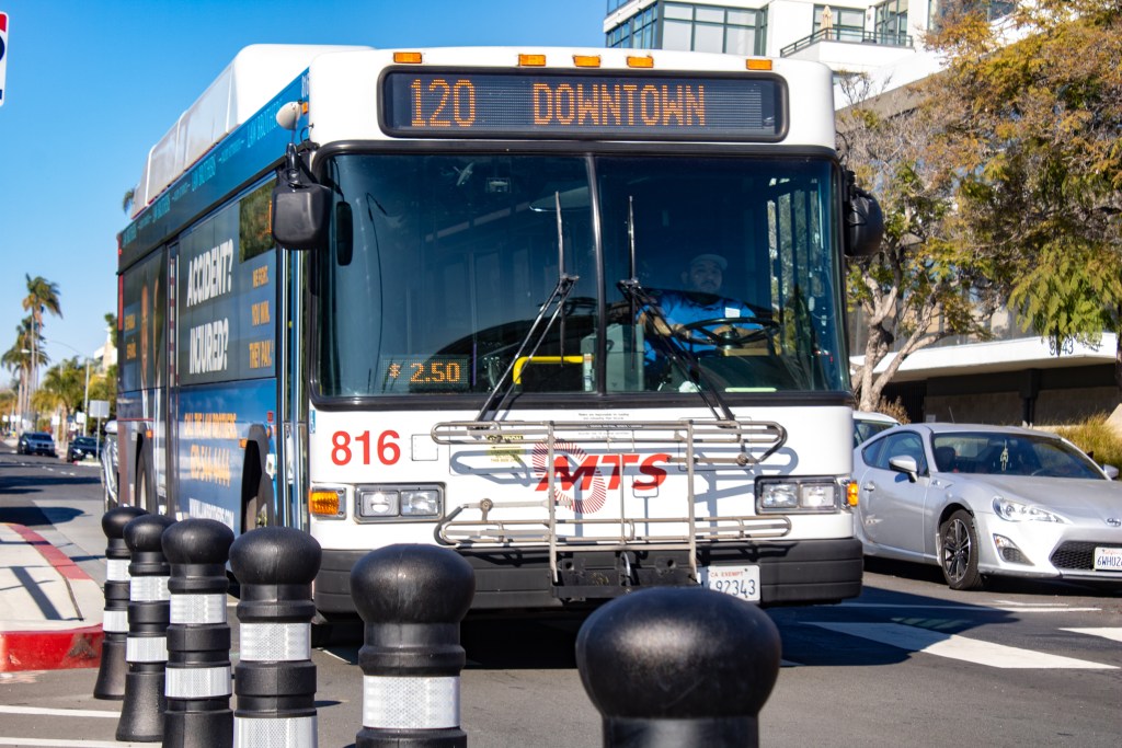 Metropolitan Transit System bus in Hillcrest heads to Downtown on Dec. 20, 2022.