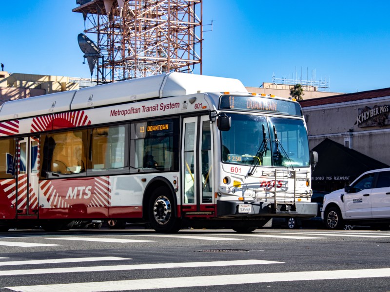 Metropolitan Transit System bus in Hillcrest heads to Downtown on Dec. 20, 2022.