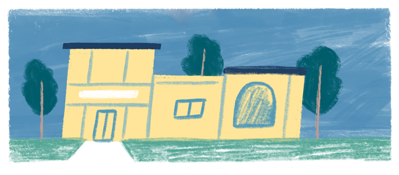 Cartoon drawing of yellow school | By Alexander Mostov