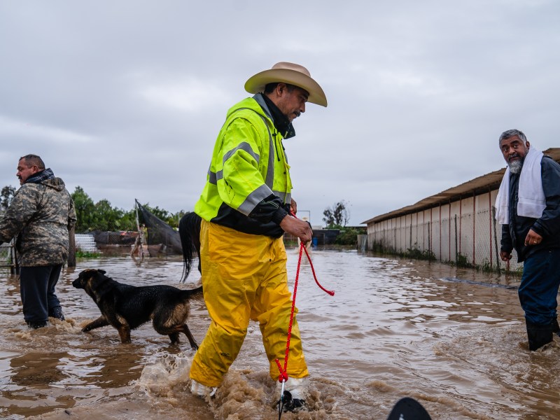 Danny Moreno (center), Carlos Moreno (right), and Jimmy Saldovar (left) walk through a flooded area in San Ysidro on Jan. 16, 2023.