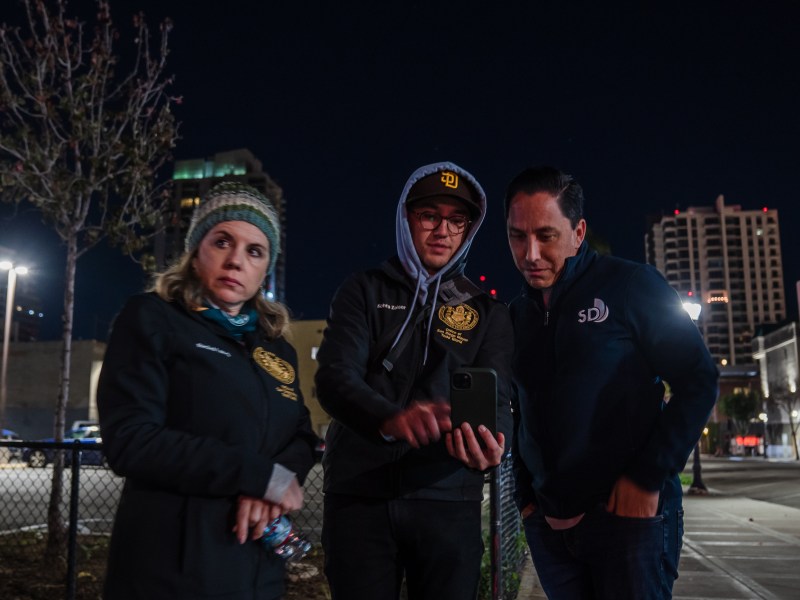 Mayor Todd Gloria, Director of Communications Rachel Laing and Deputy Director of Community Engagement, Kohta Zaiser during the Point in Time Count on Jan. 26, 2023.