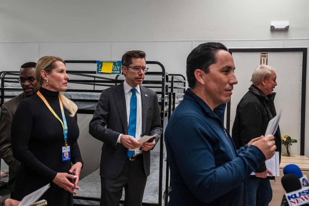 Mayor Todd Gloria speaks to members of the press at the Old Central Library that has been converted into a new shelter for women in downtown on Jan. 26, 2023. The new shelter has 36 beds and is being operated by Imperial Counties under contract with the City’s Homeless Strategies and Solutions Department and National Alliance for Mental Illness of San Diego.
