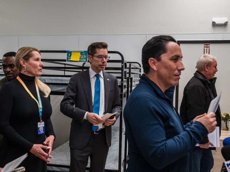 Mayor Todd Gloria speaks to members of the press at the Old Central Library that has been converted into a new shelter for women in downtown on Jan. 26, 2023. The new shelter has 36 beds and is being operated by Imperial Counties under contract with the City’s Homeless Strategies and Solutions Department and National Alliance for Mental Illness of San Diego.