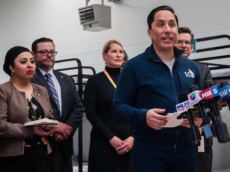 Mayor Todd Gloria speaks to members of the press at the Old Central Library that has been converted into a new shelter for women in downtown on Jan. 26, 2023. The new shelter has 36 beds and is being operated by Imperial Counties under contract with the City’s Homeless Strategies and Solutions Department and National Alliance for Mental Illness of San Diego.