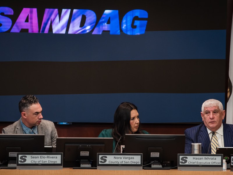 Council President Sean Elo-Rivera, County Board of Supervisors Chairwoman Nora Vargas and Chief Executive Officer Hasan Ikhrata during a SANDAG Board of Directors meeting in downtown on Jan. 27, 2023.