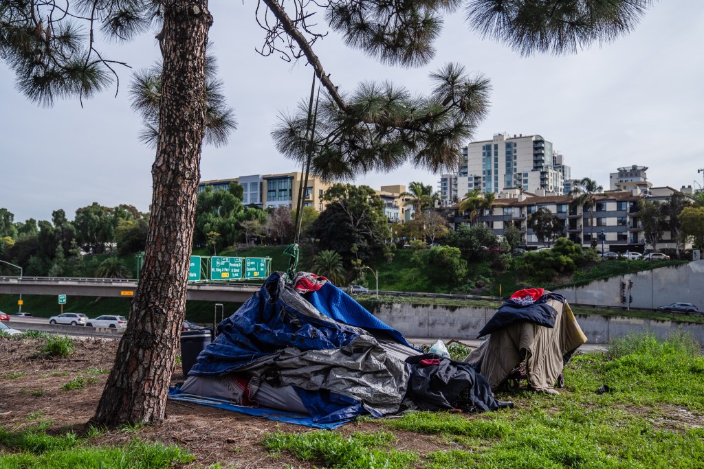 A tent and a person's belongings can be seen above the 5 Freeway near downtown on Jan. 12, 2022.