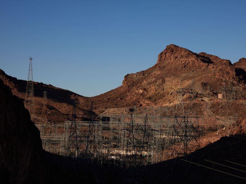A substation transporting hydropower from a plant at Hoover Dam along the Colorado River on Jan. 31, 2023. / Photo by Joseph Griffin for Voice of San Diego