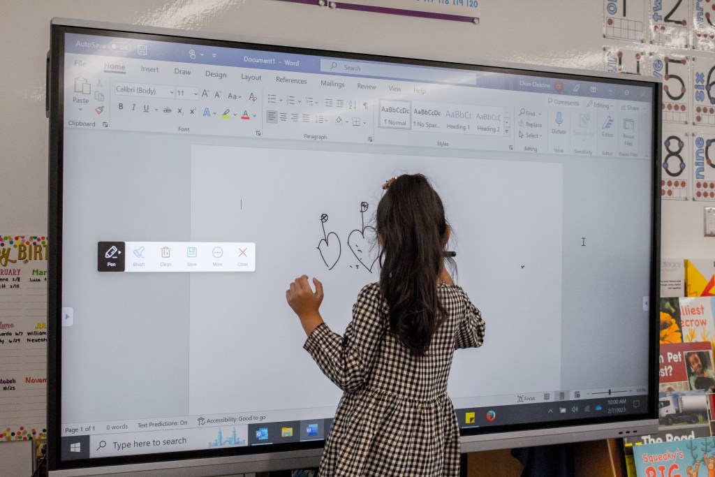 A universal transitional kindergarten student at Clairmont Canyons Academy on Feb. 7, 2023, participates in a class activity. / Photo courtesy of San Diego Unified School District