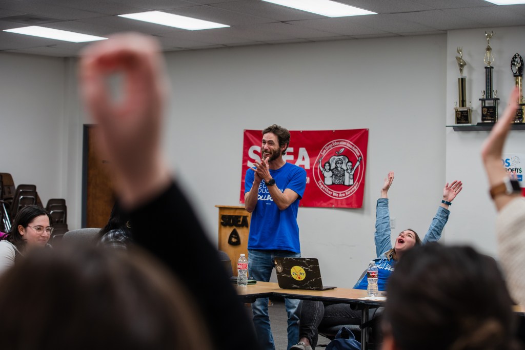 Hayden Gore, president of the High Tech Education Collective during a meeting at the San Diego Education Association on Feb. 2, 2023.