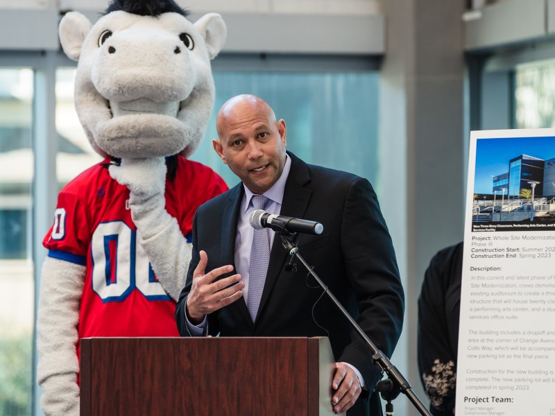 Superintendent of the San Diego Unified School District Dr. Lamont A. Jackson speaks during a celebration of the new three-story facility at Crawford High School in El Cerrito on Feb. 8, 2023.