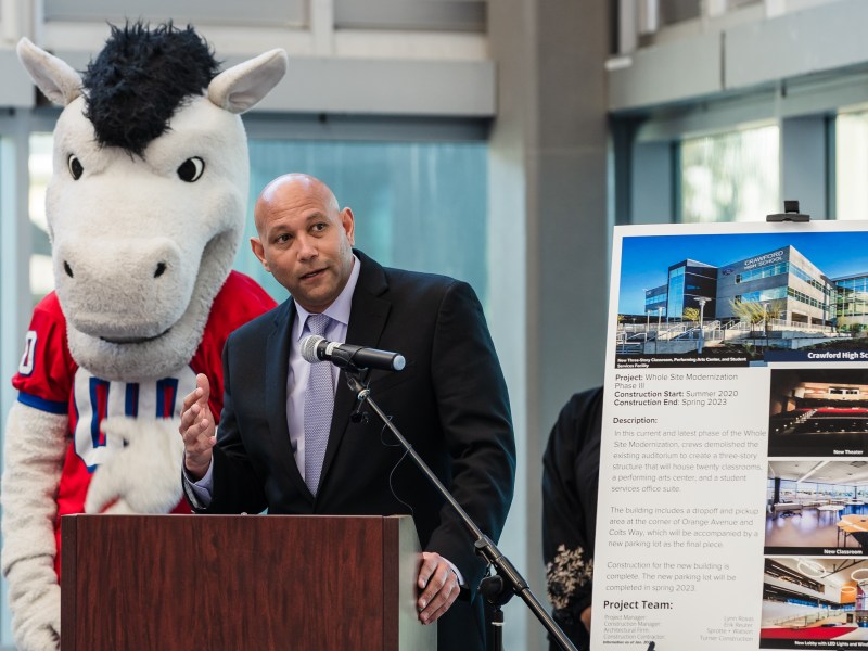 Superintendent of the San Diego Unified School District Dr. Lamont A. Jackson speaks during a celebration of the new three-story facility at Crawford High School in El Cerrito on Feb. 8, 2023.