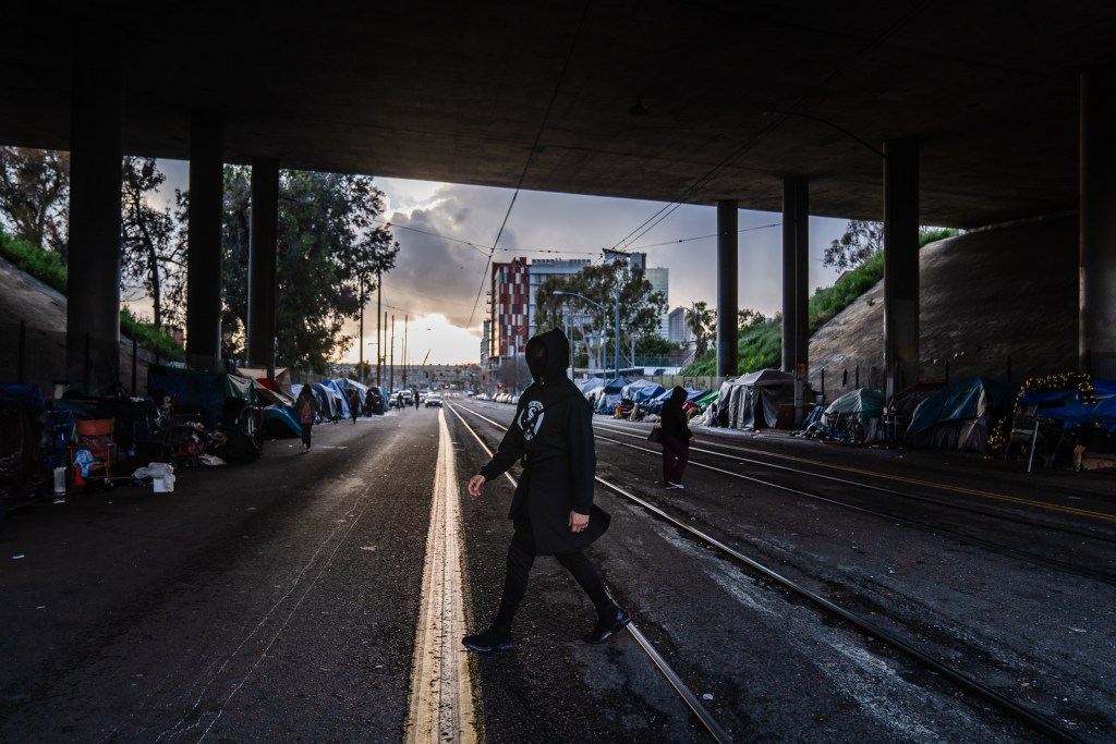 View of a homeless encampment on Commercial Street in downtown on March 30, 2023.