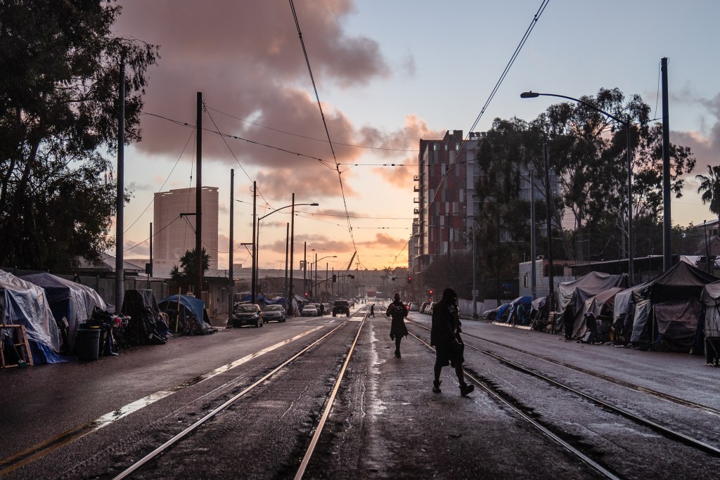View of a homeless encampment on Commercial Street in downtown on March 30, 2023.