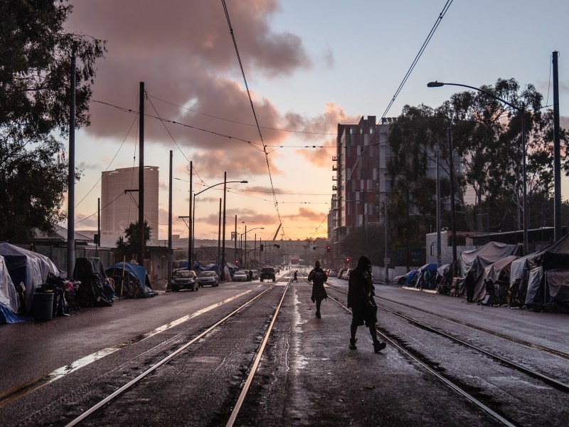 View of a homeless encampment on Commercial Street in downtown on March 30, 2023.