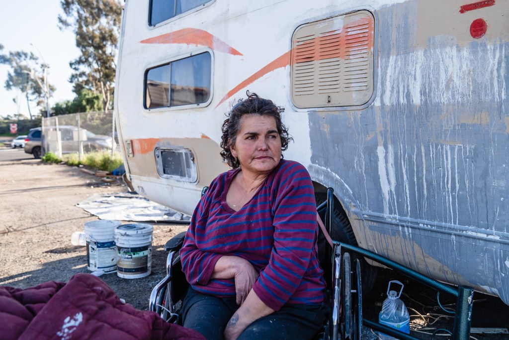 Sylvia Ibarra, 52 years old in front of her parked RV in San Ysidro on March 2, 2023.