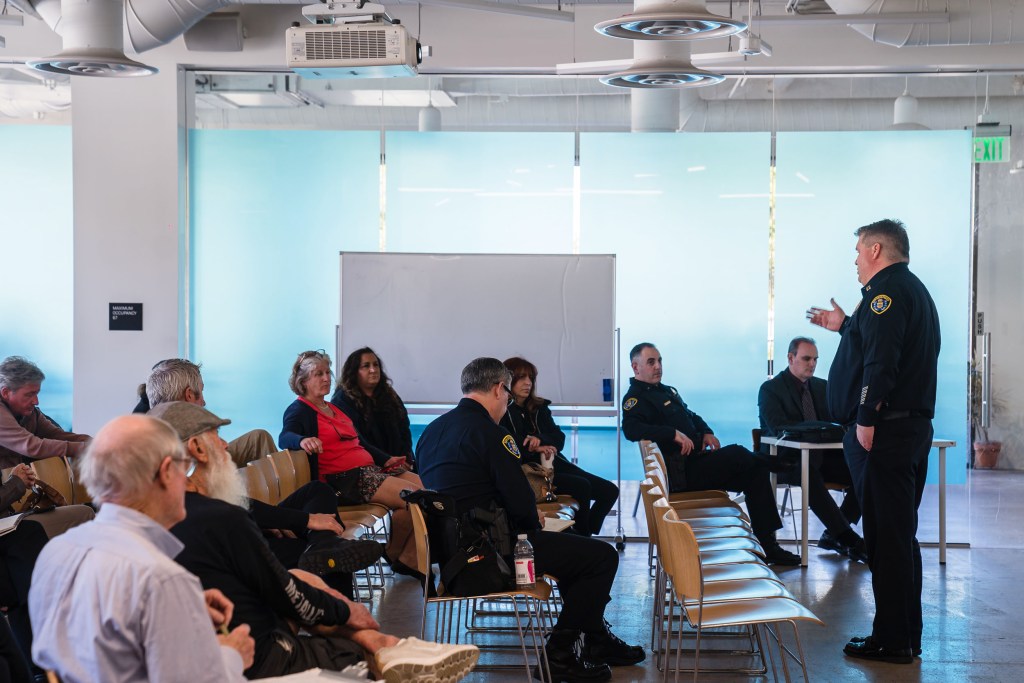 Captain Jeffrey Jordon speaks during a Smart Streetlights & Automated License Plate Recognition Community Meeting in Point Loma on March 6, 2023.
