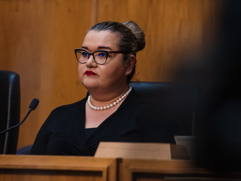 Councilmember Vivian Moreno before discussing the proposed encampment ban ordinance in downtown on April 13, 2023.