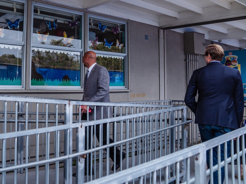 Superintendent of the San Diego Unified School District Dr. Lamont A. Jackson and Cody Petterson walk towards a classroom at Spreckels Elementary school in University City on April 24, 2023.