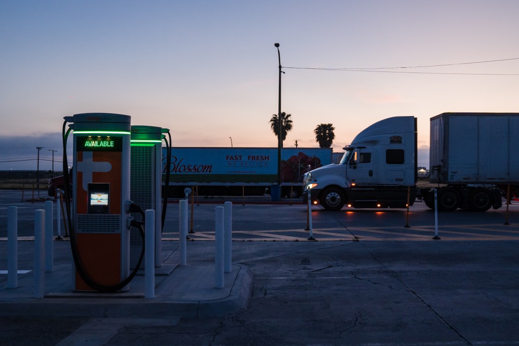 Electric vehicle chargers for class 8 electric trucks at Truck Net LLC in Otay Mesa on April 27, 2023.