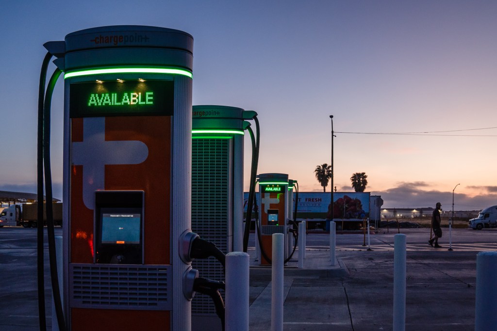 Electric vehicle chargers for class 8 electric trucks at Truck Net LLC in Otay Mesa on April 27, 2023.