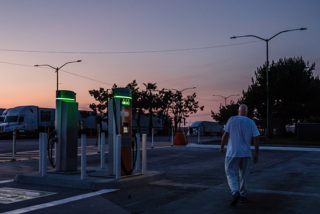 Electric vehicle chargers for class 8 electric trucks at Truck Net LLC in Otay Mesa on April 27, 2023.