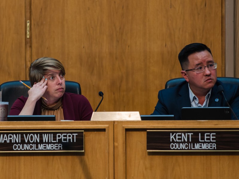 Councilmembers Kent Lee and Marni Von Wilpert during a City Council meeting in downtown on April 10, 2023.