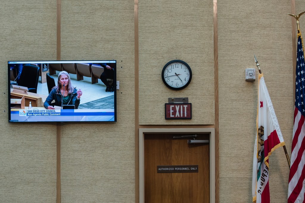Rachel Hayes who is homeless, speaks during a city council meeting in downtown about the proposed ban on homeless encampments on April 10, 2023.