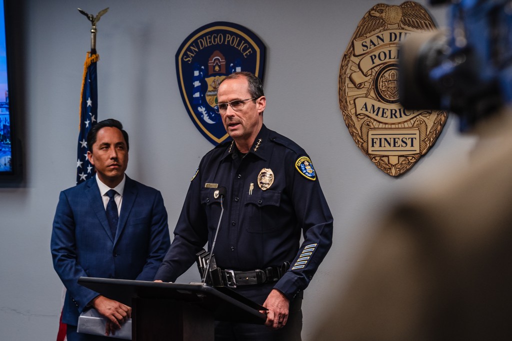 San Diego Police Chief David Nisleit and Mayor Todd Gloria during a press conference in downtown on April 20, 2023.