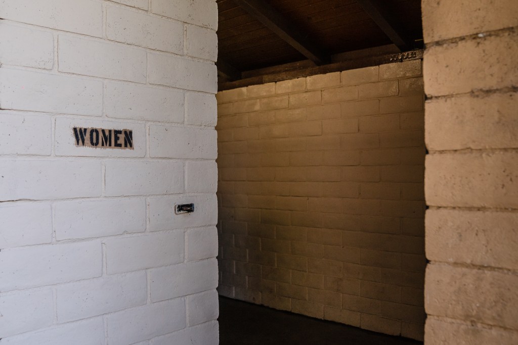The entrance to the women's bathroom at Kit Carson Park in Escondido on April 20, 2023.